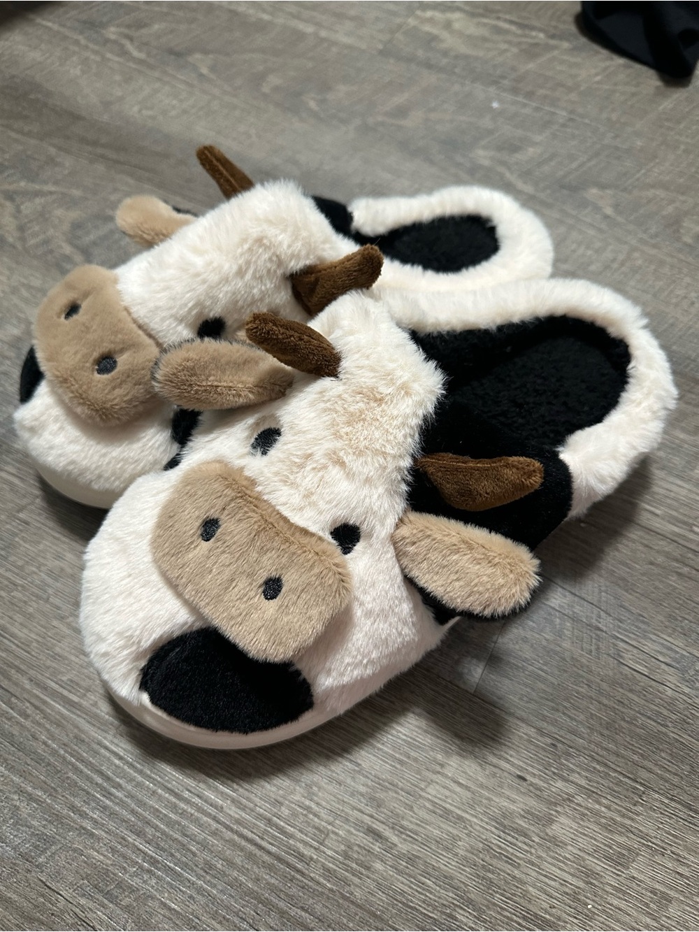 Marshalls Plush Cow Slippers - Black, White & Brown